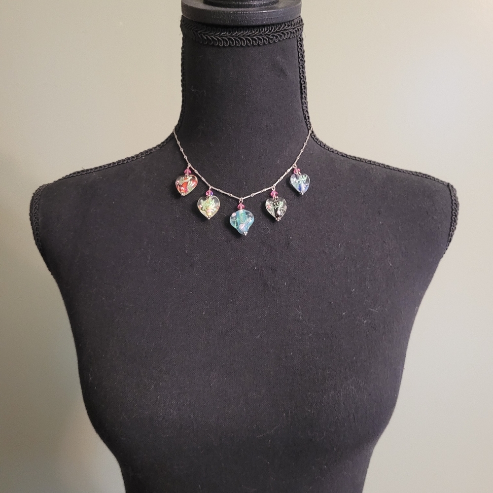 Vintage Sterling Venetian Murano Lampwork Heart Bead 925 Silver Charm Necklace - Picture 4 of 11